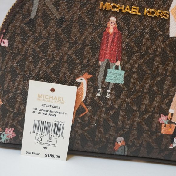 Michael Kors Jet Set Girl Large Travel Pouch MK Brown Multi - Picture 8 of 8